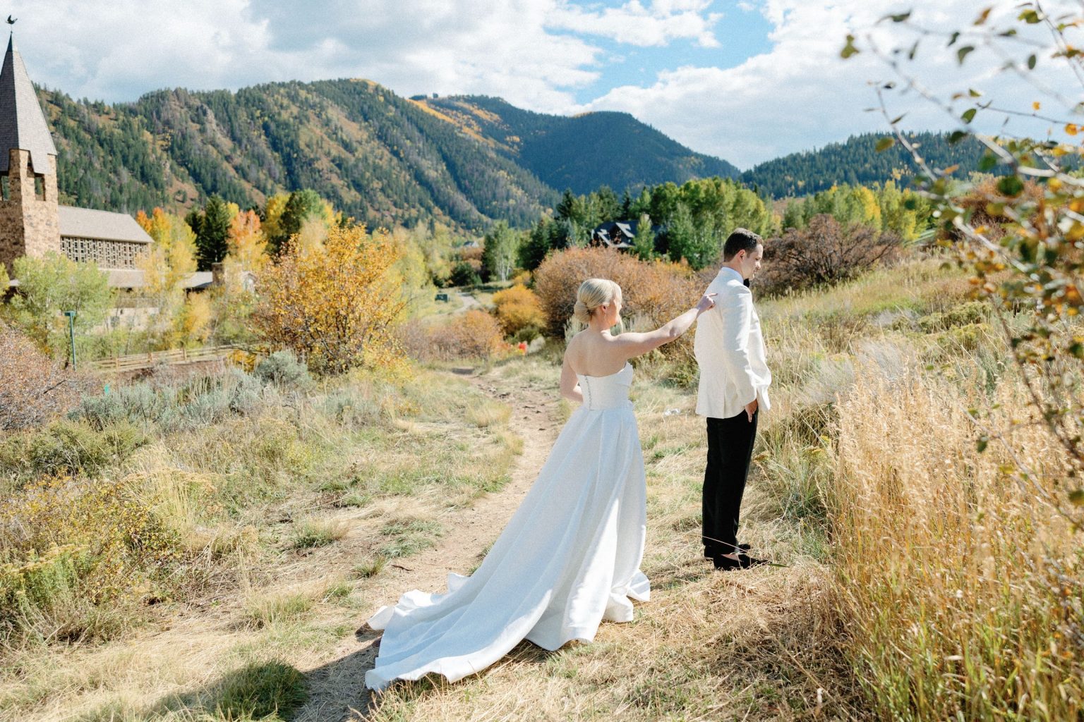 Kayla & Patrick's wedding at the Aspen Chapel and the Caribou Club: the first look in the meadow