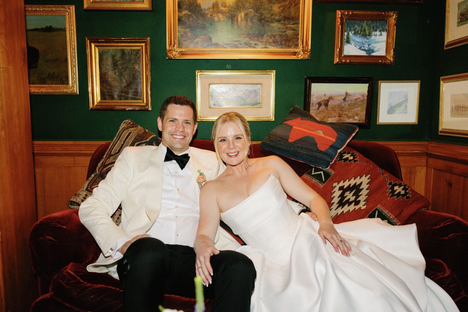 Kayla & Patrick's wedding at the Aspen Chapel and the Caribou Club: the couple in the club's green room
