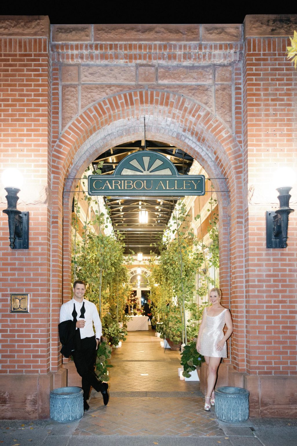 Kayla & Patrick's wedding at the Aspen Chapel and the Caribou Club: the Caribou Club entrance at night