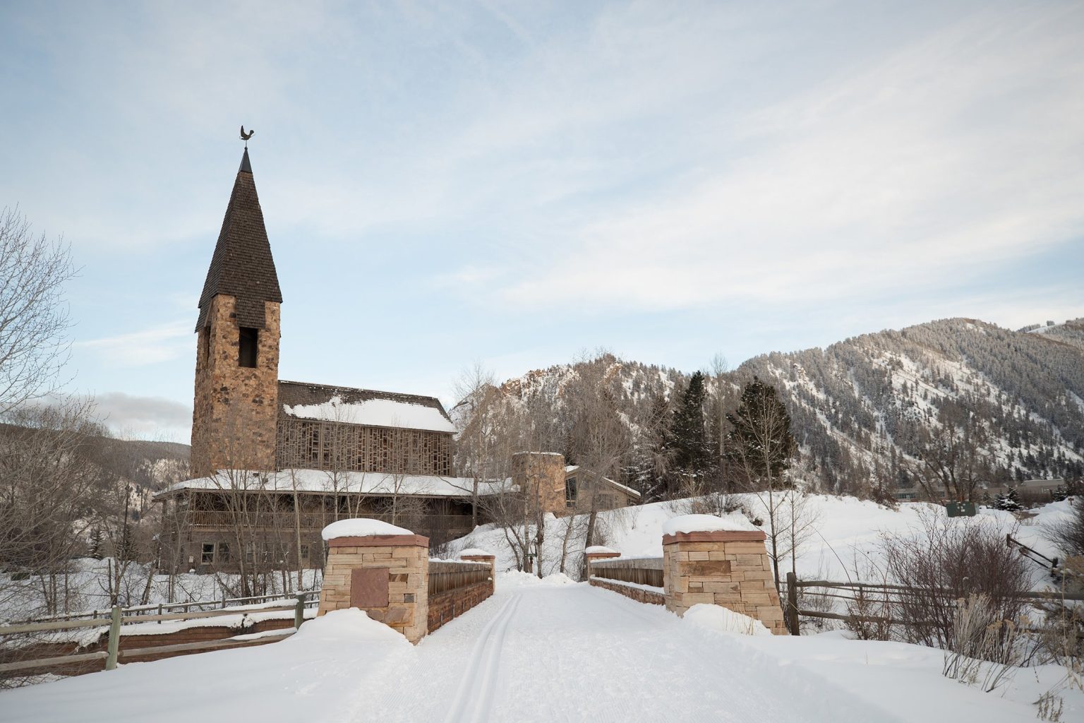 Coley & Teddy's wedding at the Aspen Chapel and Hotel Jerome: the Aspen Chapel in the snow