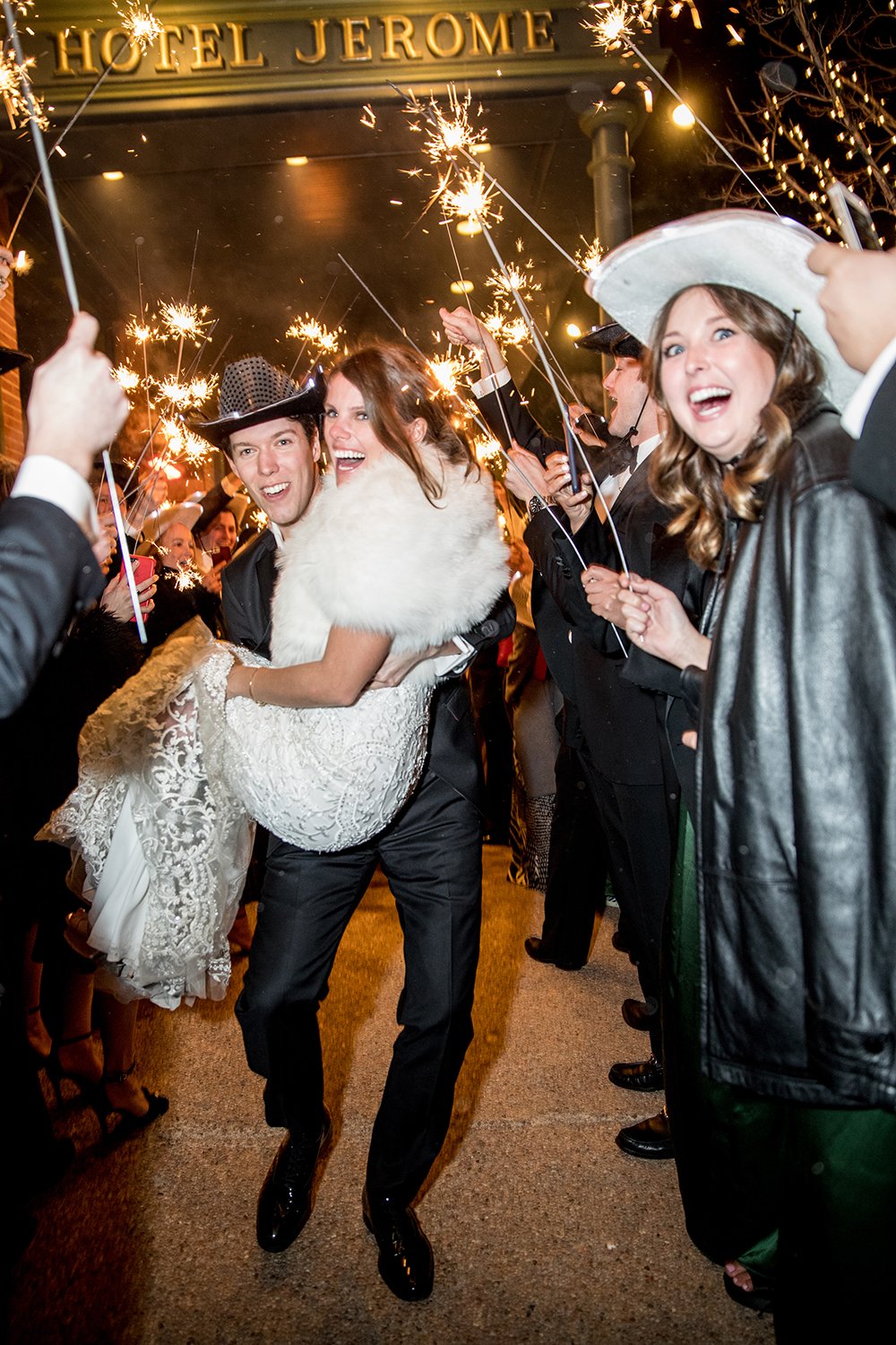 Coley & Teddy's wedding at the Aspen Chapel and Hotel Jerome: the sparkler exit