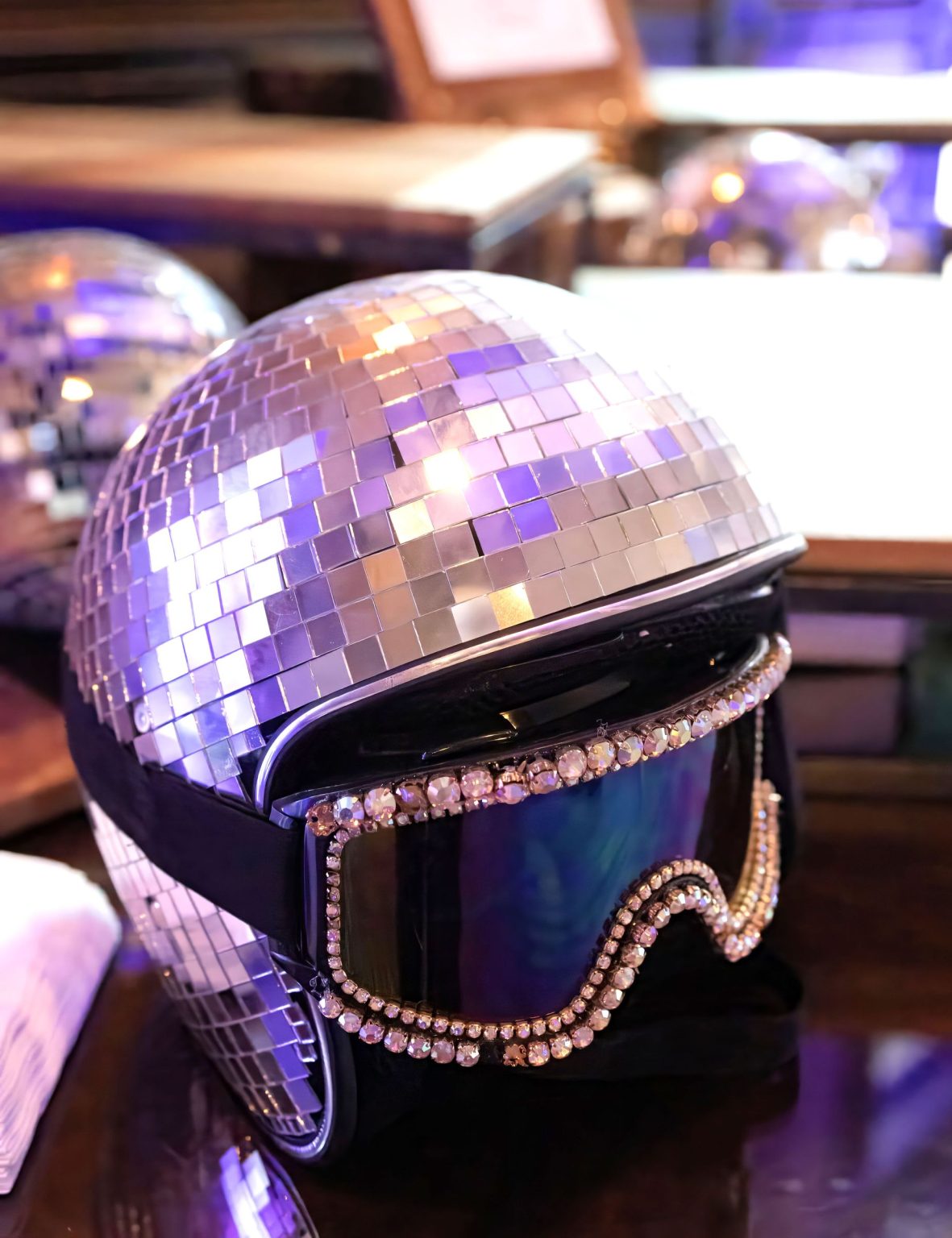 Wildest Dreams, the Aspen Youth Center gala at Hotel Jerome: a disco-ball helmet on display