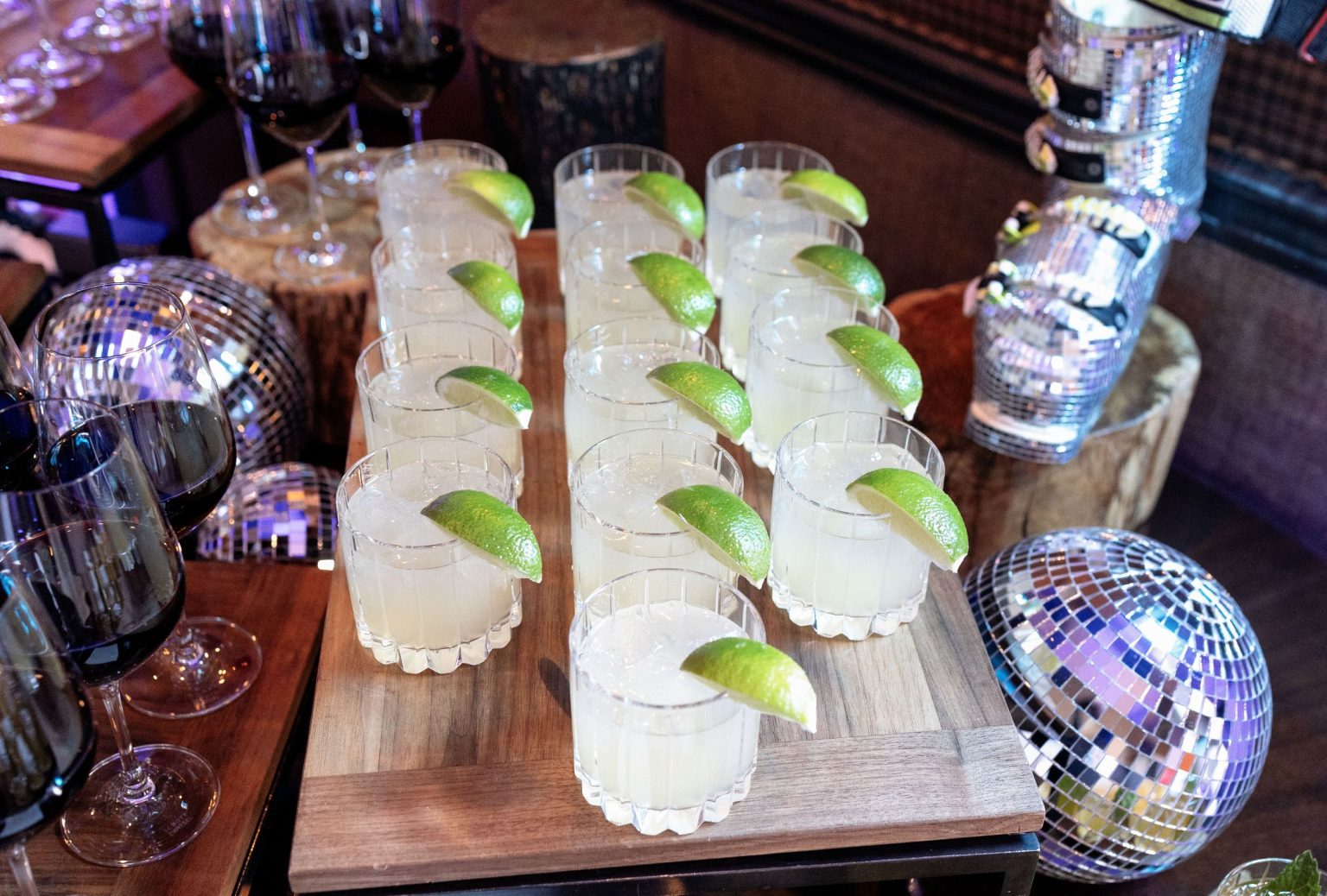 Wildest Dreams, the Aspen Youth Center gala at Hotel Jerome: cocktails lined up on a mirrored tray