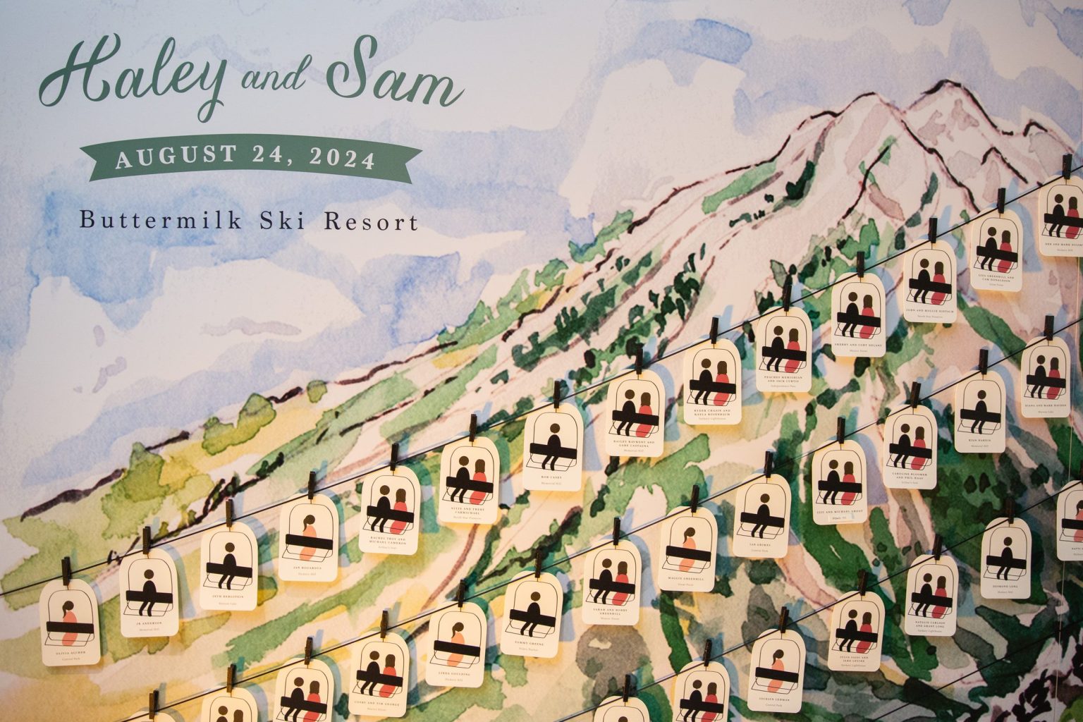 Haley and Sam's wedding at Buttermilk Mountain Lodge, Aspen: Watercolor escort wall of Buttermilk with chairlift-shaped escort cards