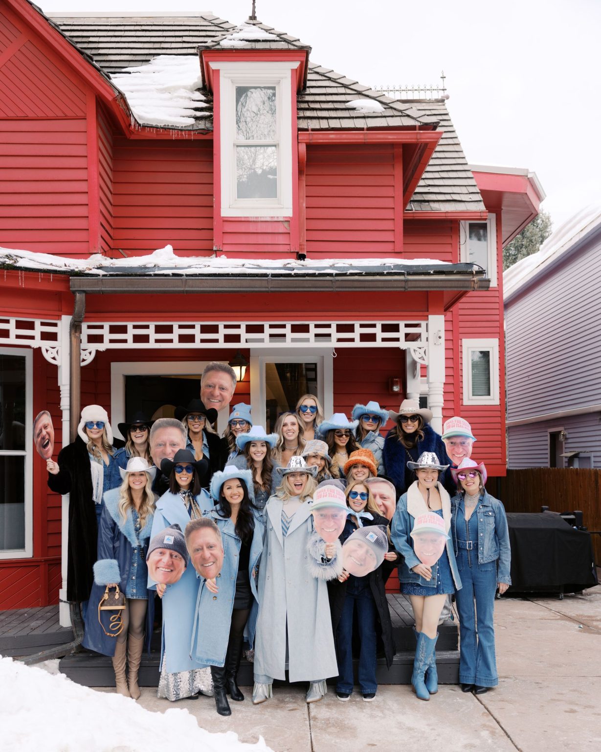 Hayley's Aspen bachelorette weekend: the group outside the Little Red Ski Haus