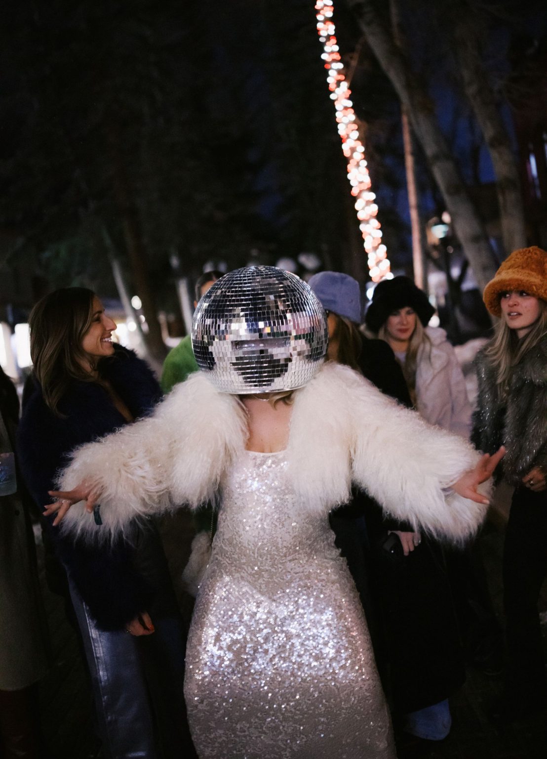 Hayley's Aspen bachelorette weekend: a disco ball helmet before the show at Belly Up