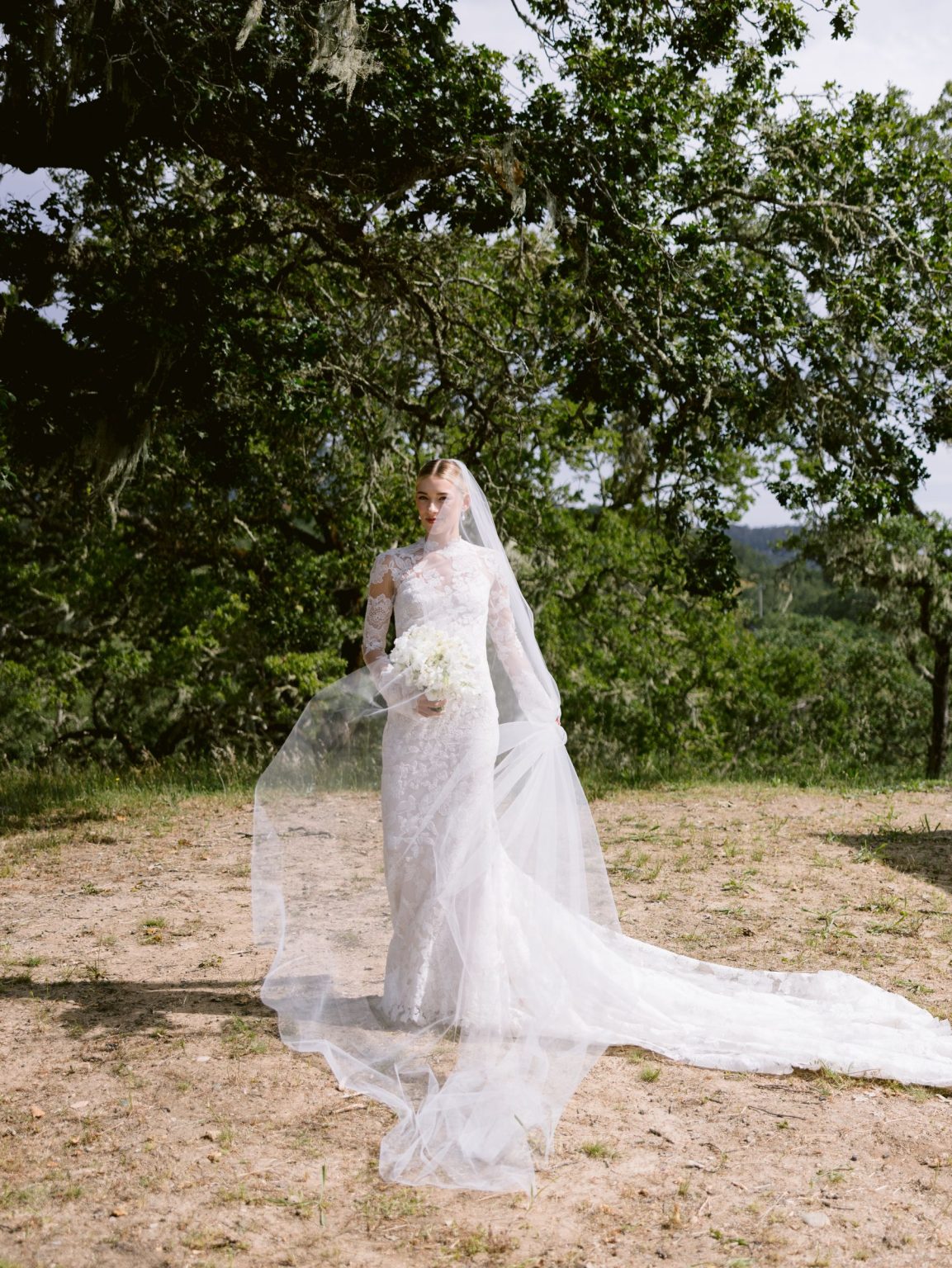 Sydney and Keaton's wedding at Montage Healdsburg, California: the bride and her veil among the oaks