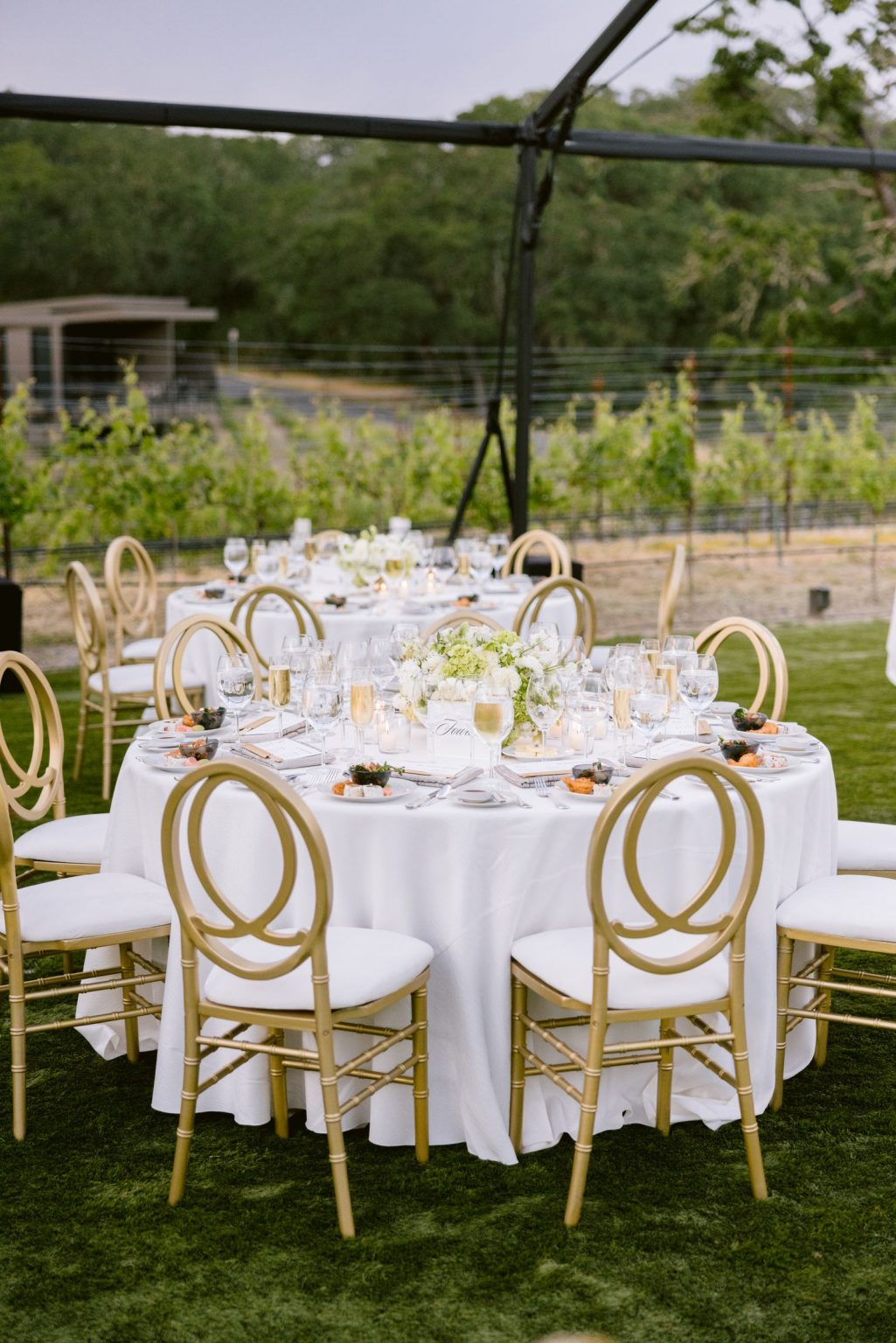 Sydney and Keaton's wedding at Montage Healdsburg, California: tables in the reception tent on the Grand Lawn