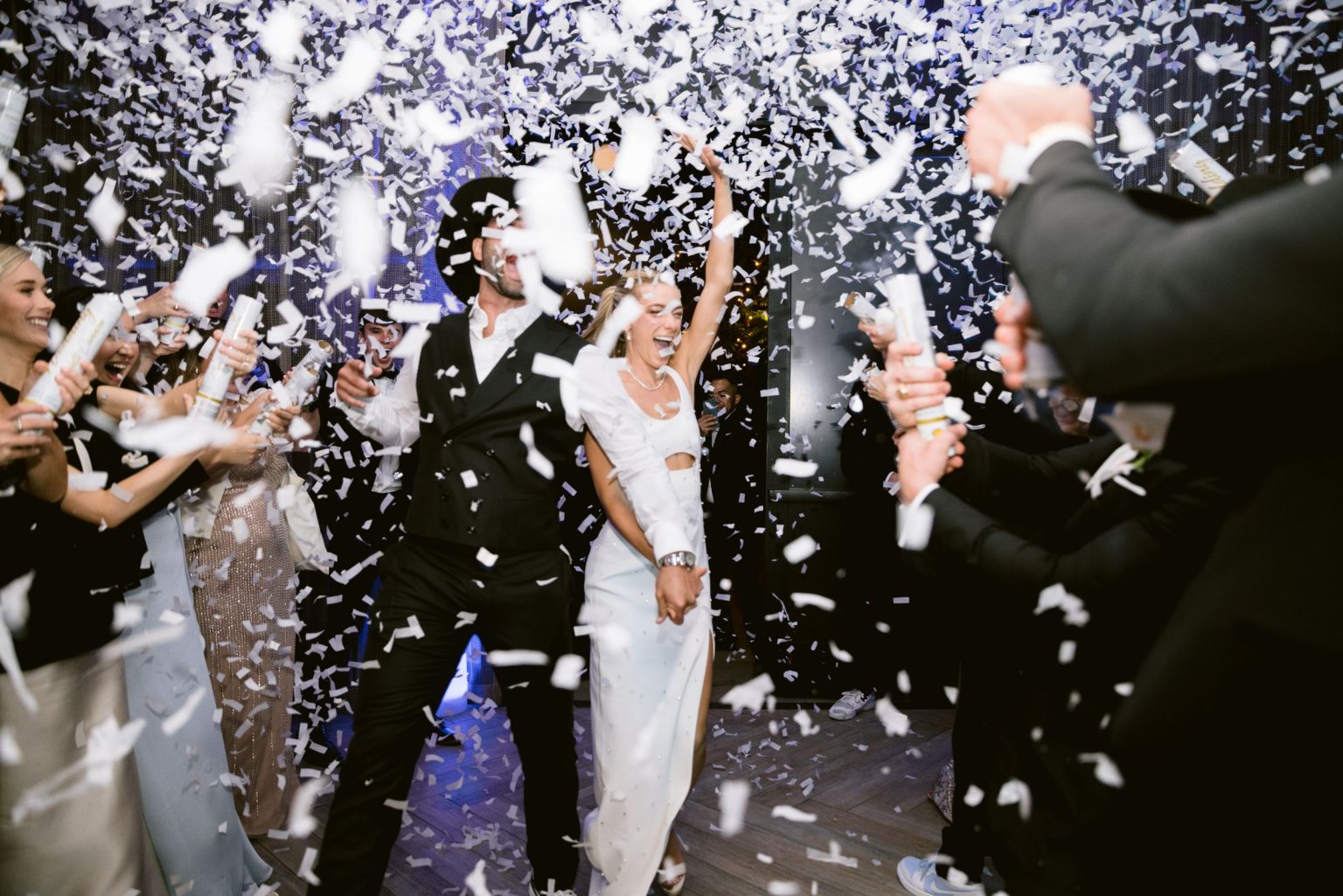 Sydney and Keaton's wedding at Montage Healdsburg, California: confetti at The A Club after-party