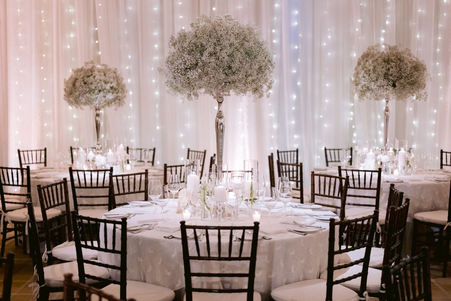 Addy & Nick's wedding at Hotel Jerome, Aspen: the ballroom set for dinner