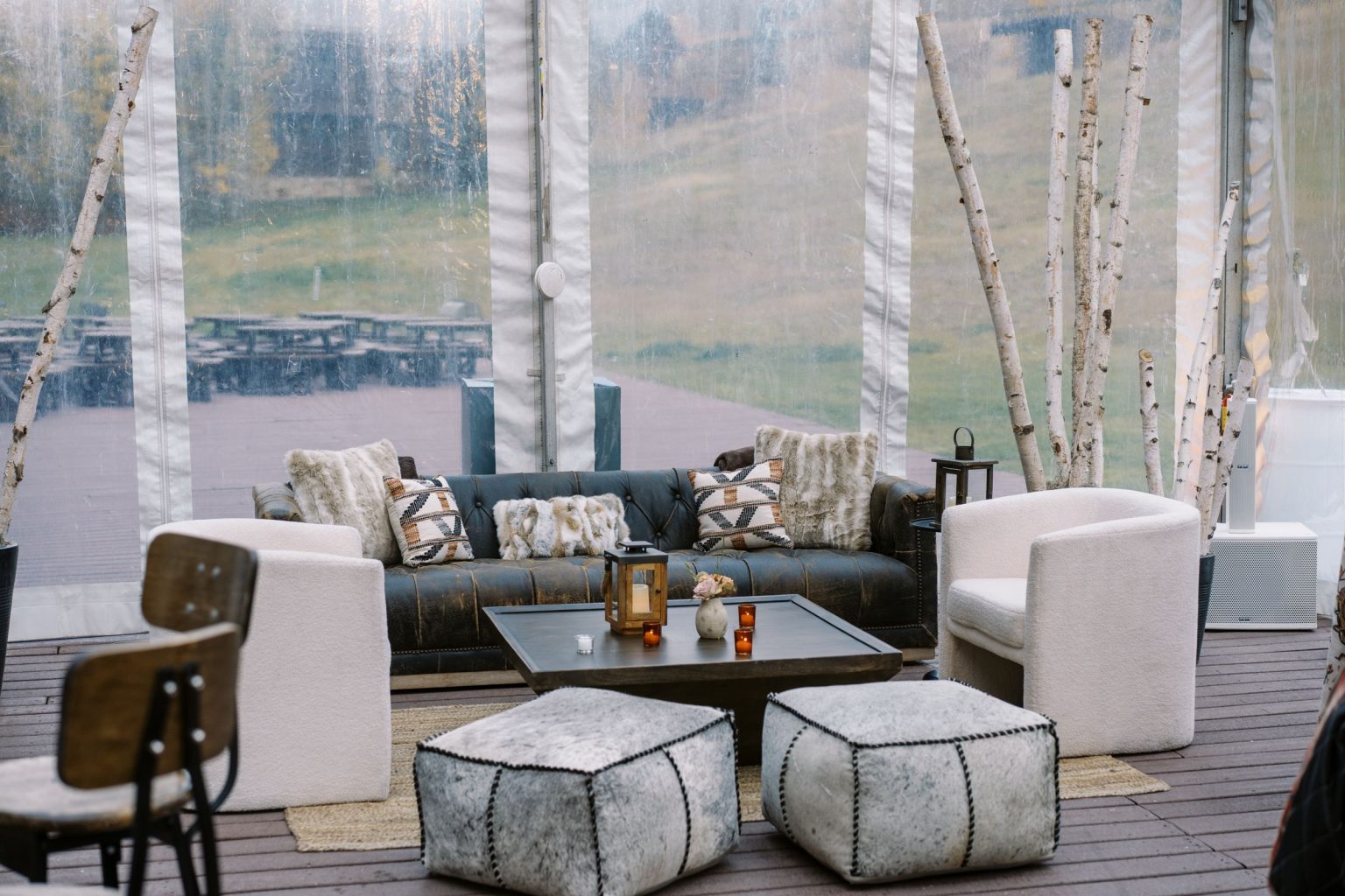 Abby & David's wedding at Hotel Jerome, Aspen: the lounge under the welcome party tent