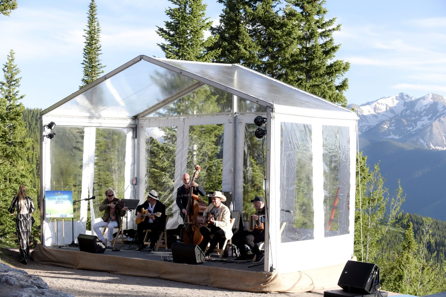 Jeff's 60th birthday on Aspen Mountain: Django Festival All Stars playing in a clear tent on the Wedding Deck