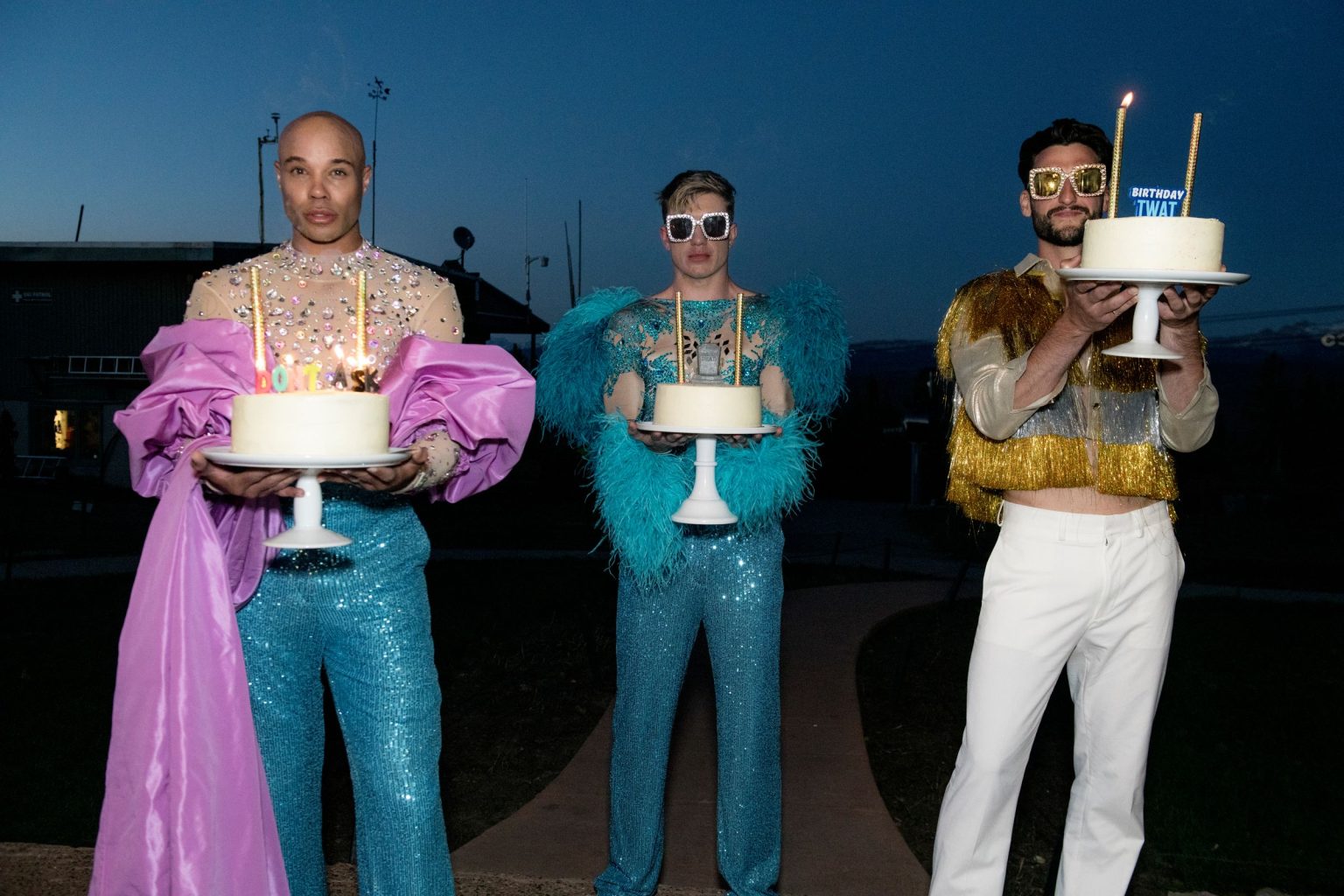 Jeff's 60th birthday on Aspen Mountain: costumed performers carrying birthday cakes lit with sparklers