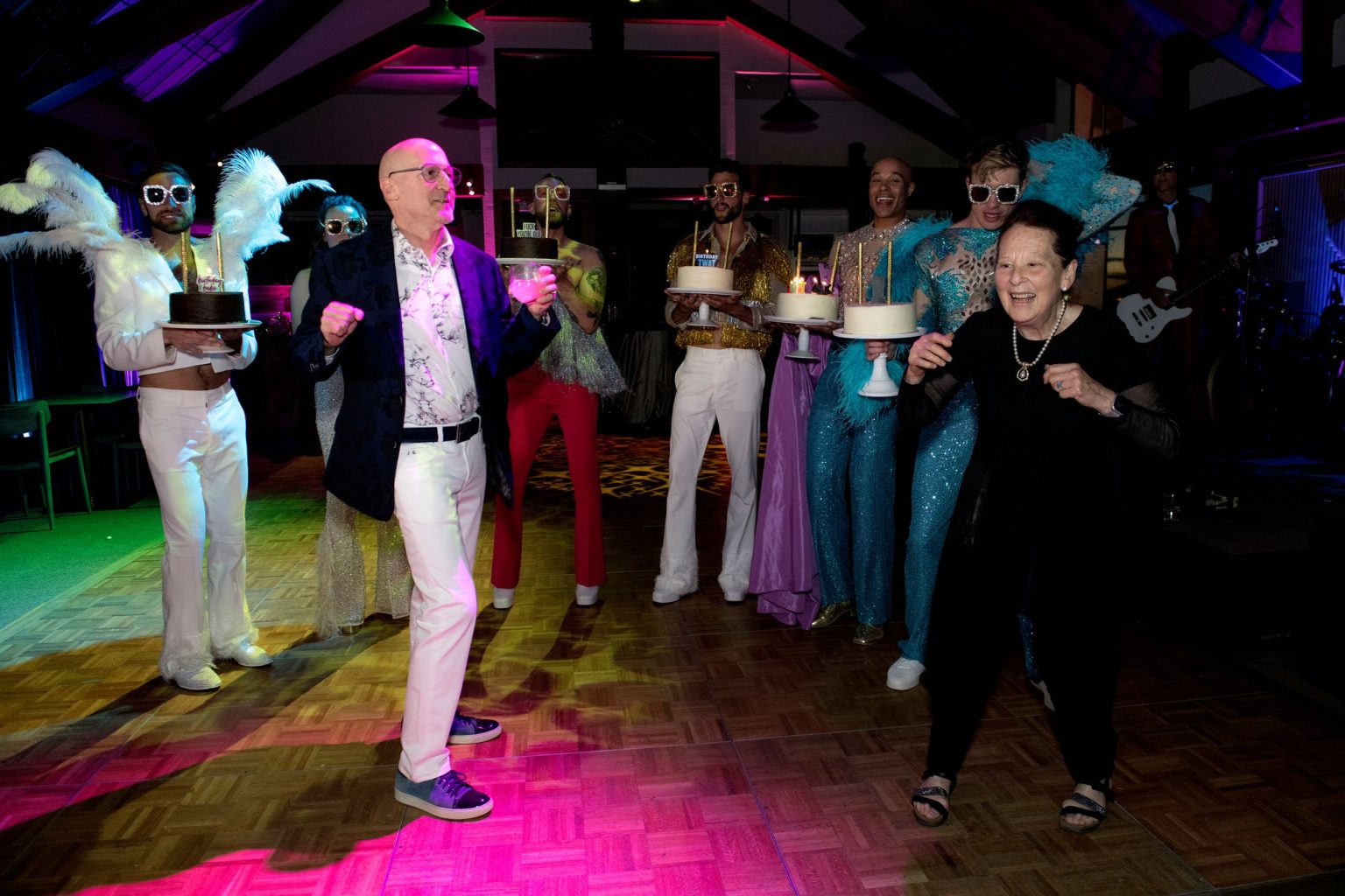 Jeff's 60th birthday on Aspen Mountain: performers leading the party on the Sundeck dance floor