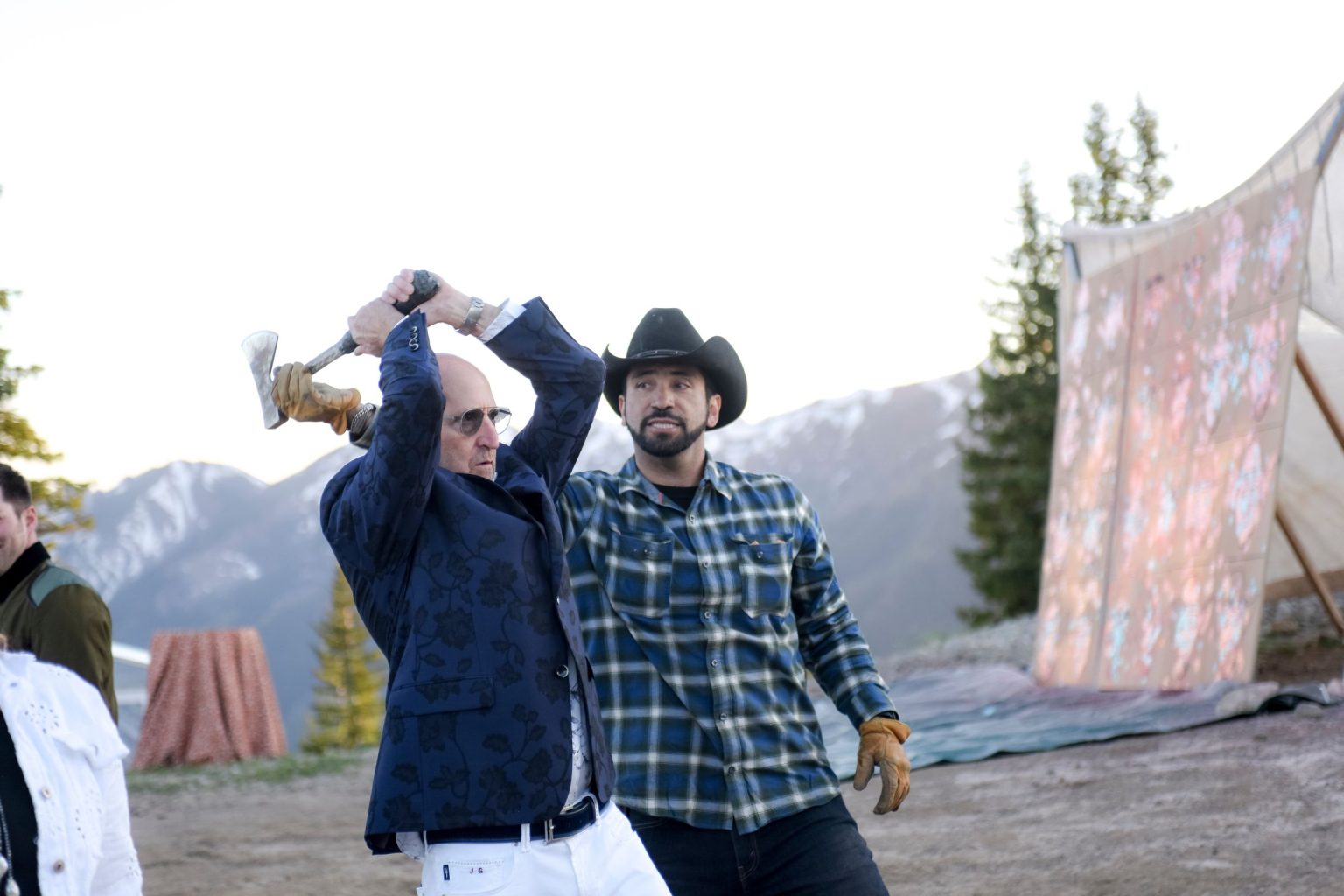 Jeff's 60th birthday on Aspen Mountain: axe throwing on the Wedding Deck with the Elk Mountains behind