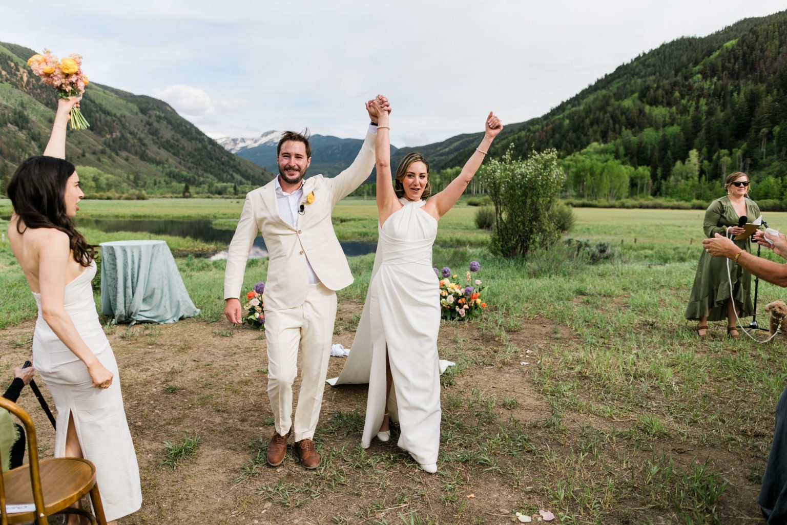 Julie & Tobias's wedding on the Northstar Preserve, Aspen: the newlyweds celebrating after the ceremony