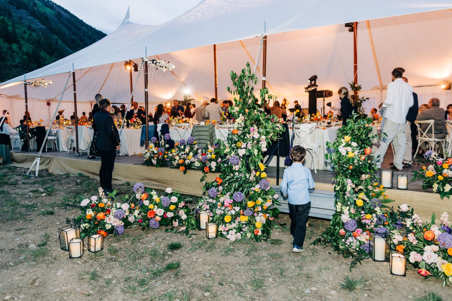 Julie & Tobias's wedding on the Northstar Preserve, Aspen: the tent at dusk