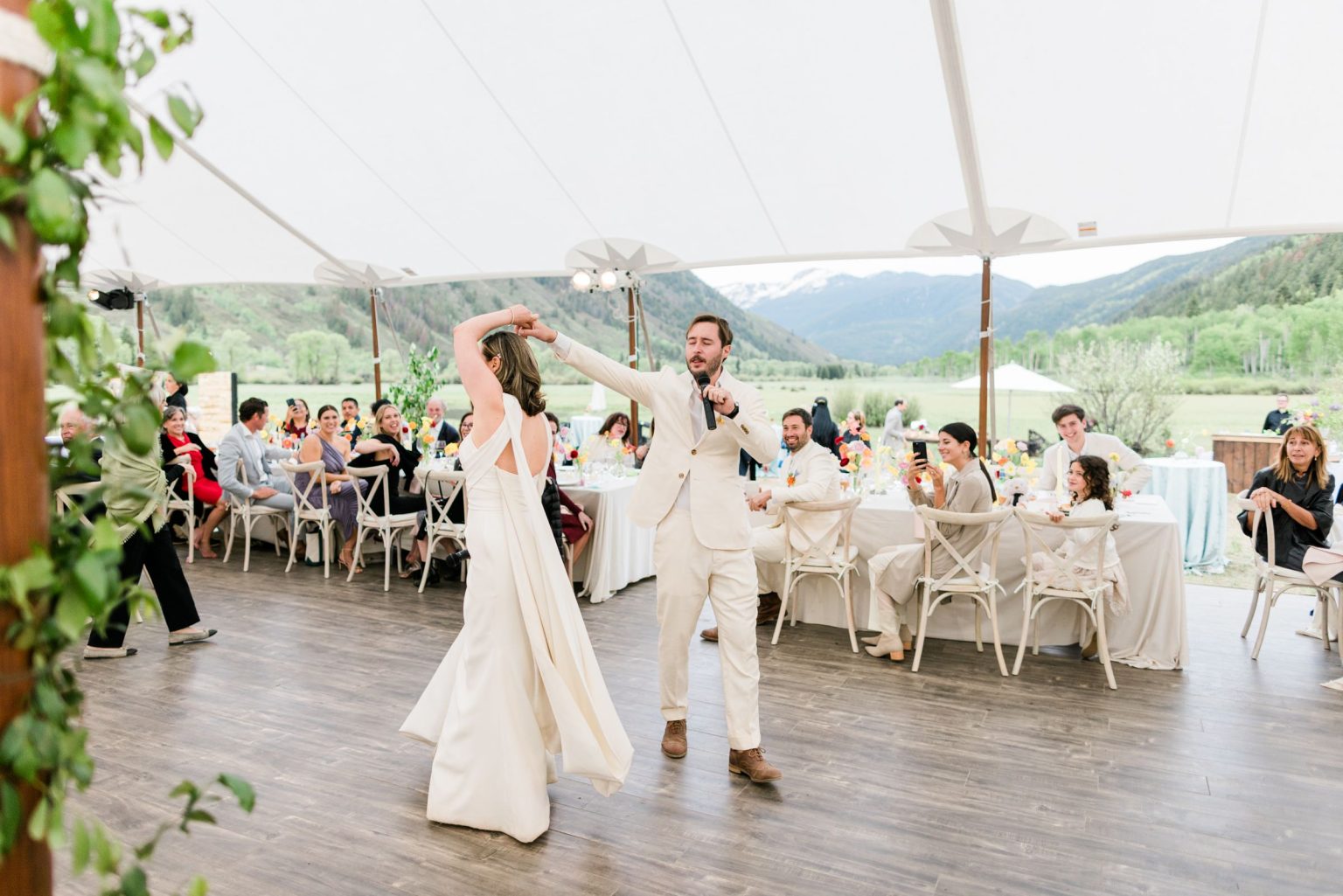 Julie & Tobias's wedding on the Northstar Preserve, Aspen: dancing in the tent
