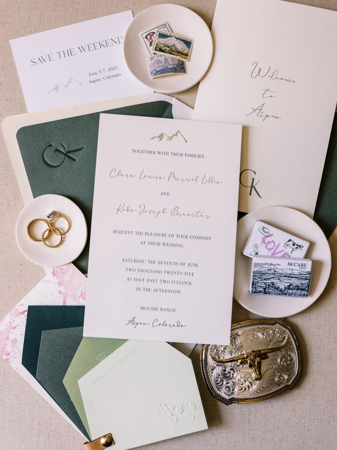 Clare and Kobe's McCabe Ranch wedding in Old Snowmass, Colorado: Carta Blanc save the date and welcome note