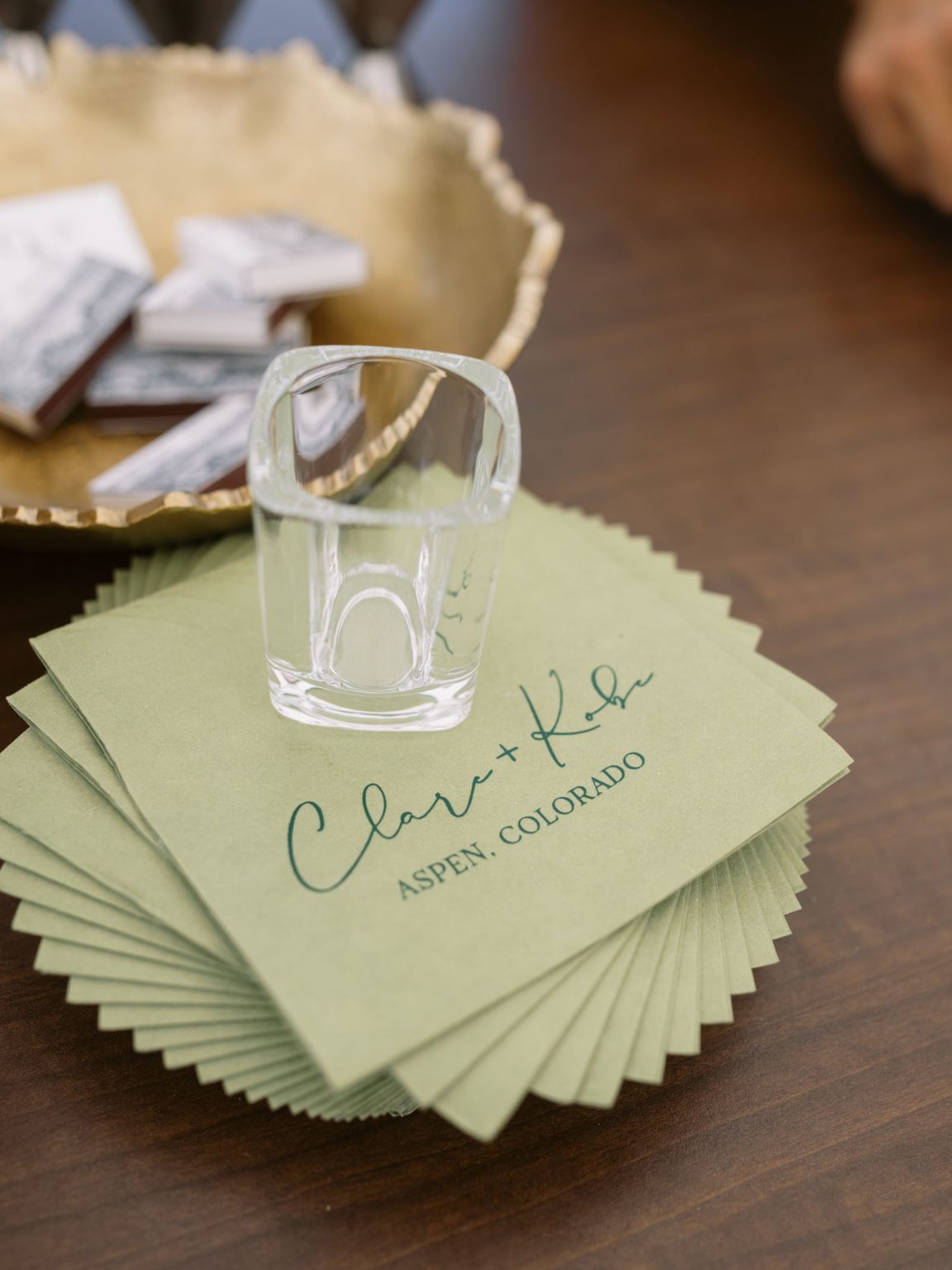 Clare and Kobe's McCabe Ranch wedding in Old Snowmass, Colorado: custom cocktail napkins