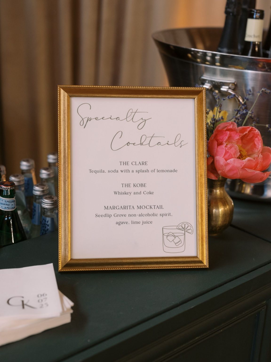 Clare and Kobe's McCabe Ranch wedding in Old Snowmass, Colorado: Carta Blanc specialty cocktail sign