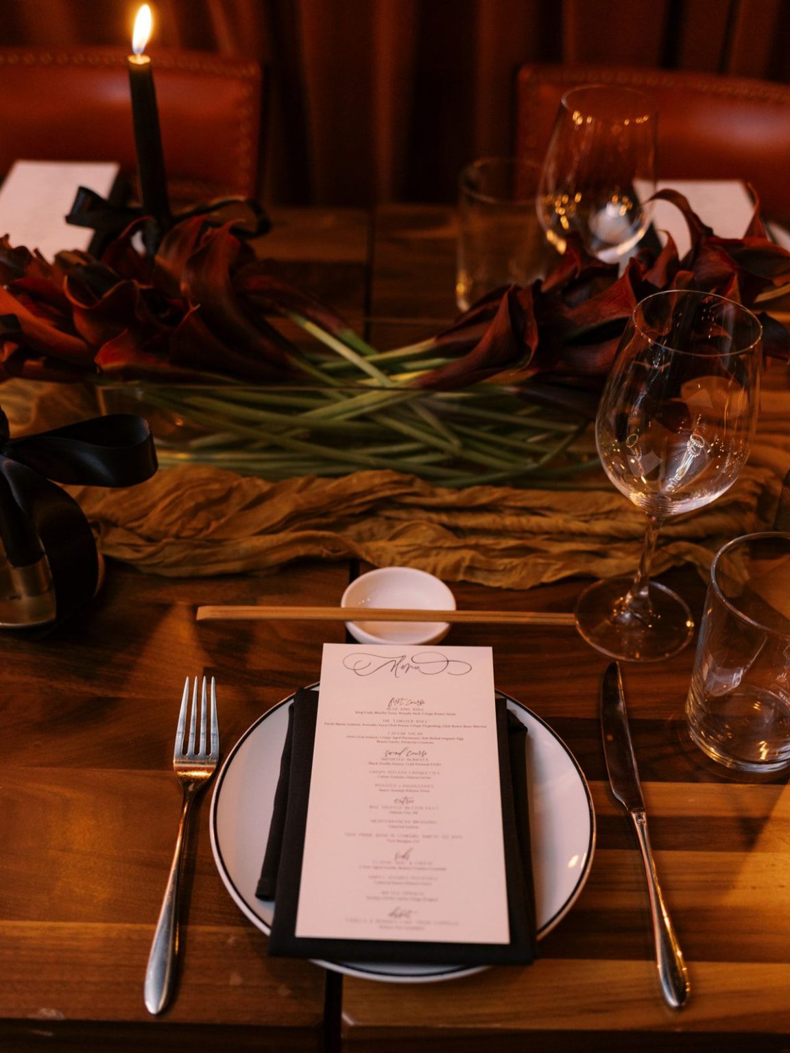 Marisa and Ashton's winter wedding at The St. Regis Aspen: dinner in the Red Room at Catch Steakhouse
