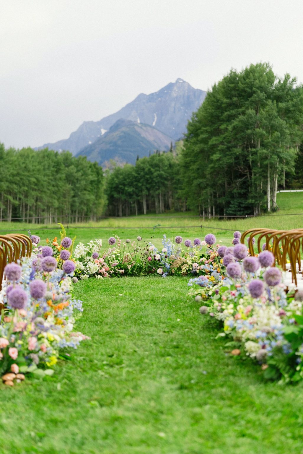 A wildflower wedding at T Lazy 7 Ranch, Aspen: an aisle lined with allium, delphinium, and garden roses