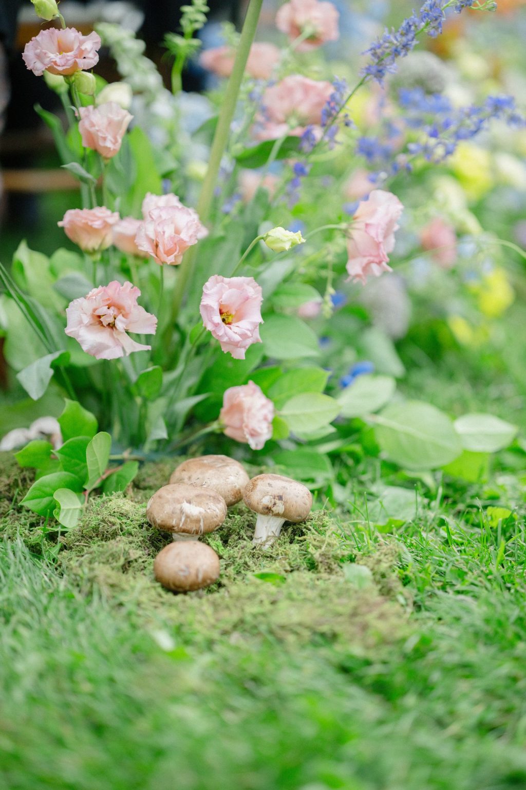 A wildflower wedding at T Lazy 7 Ranch, Aspen: blush lisianthus with mushrooms tucked into the moss