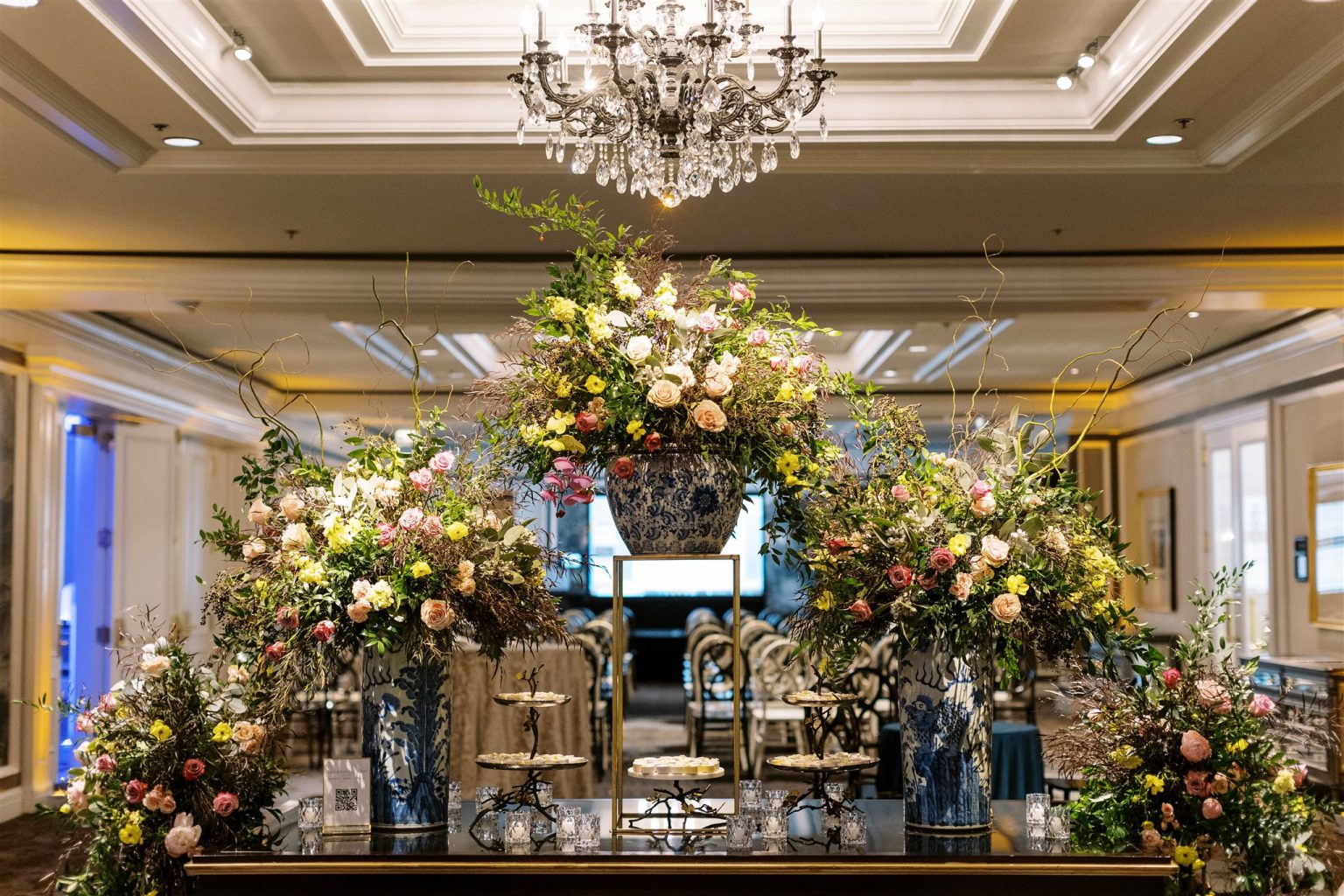 WIPA Colorado Gala in Aspen: the floral installation framing the stage in the St. Regis ballroom